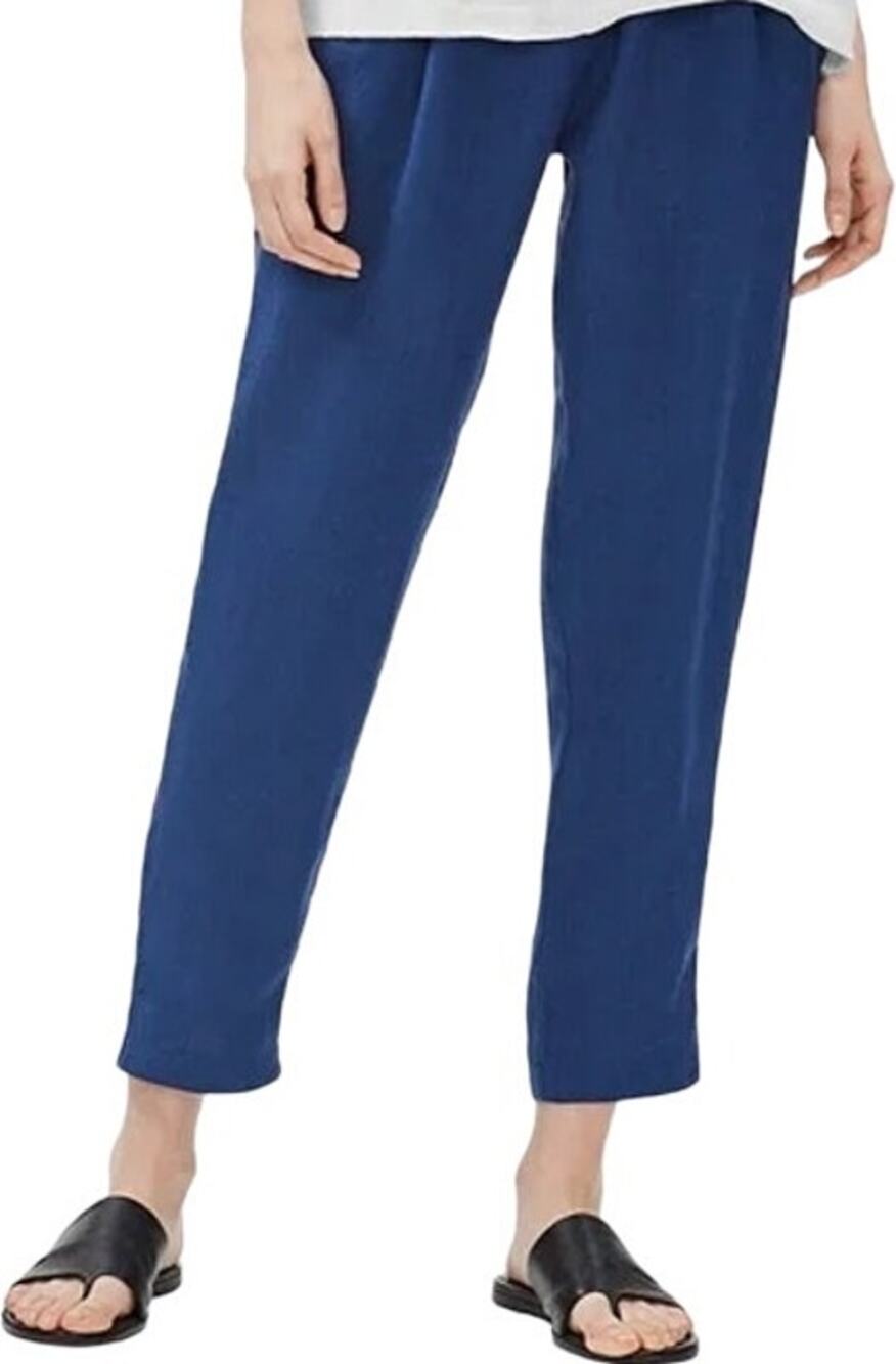 Eileen Fisher Crepe Ankle Trousers Linen Pleated Straight Leg Denim Blue Large